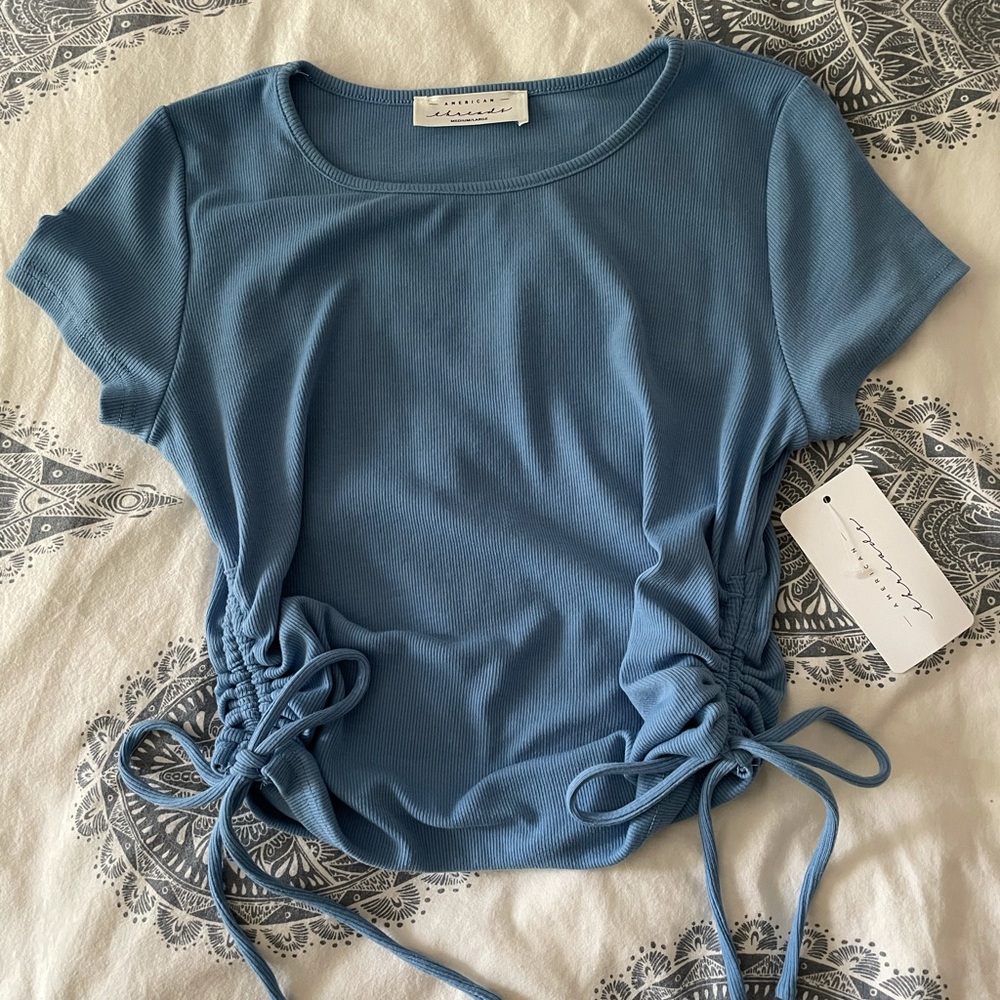 Blue cropped side drawstring top